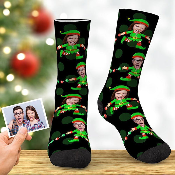 Personalized Photo Socks Custom Face Socks Christmas Elf Socks Black